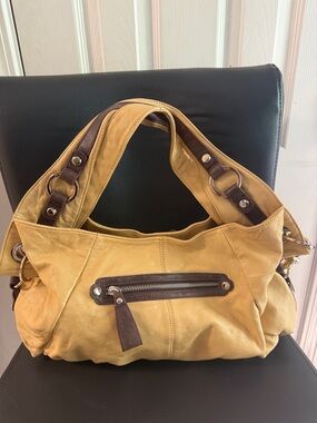 Junior Drake Women's Mustard Yellow Leather Shoulder Bag with Dark Brown Trim